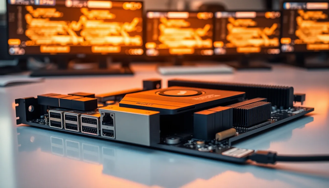 Close-up of desktop PC motherboard with PCIe graphics card installed in slot, showing RAM modules and power connectors, warm natural lighting from side, focused professional atmosphere