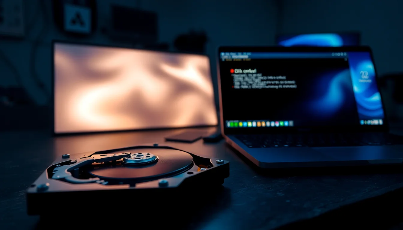 A 3.5-inch hard drive sitting on a dark slate workbench with a Windows error dialog visible on a monitor in the background