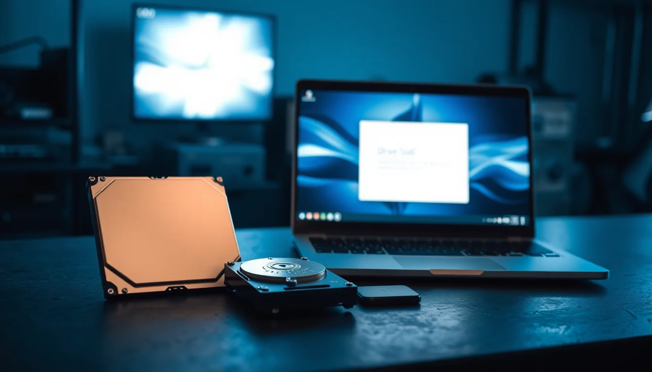 A 3.5-inch hard drive sitting on a dark slate workbench next to a Windows laptop displaying a drive error warning