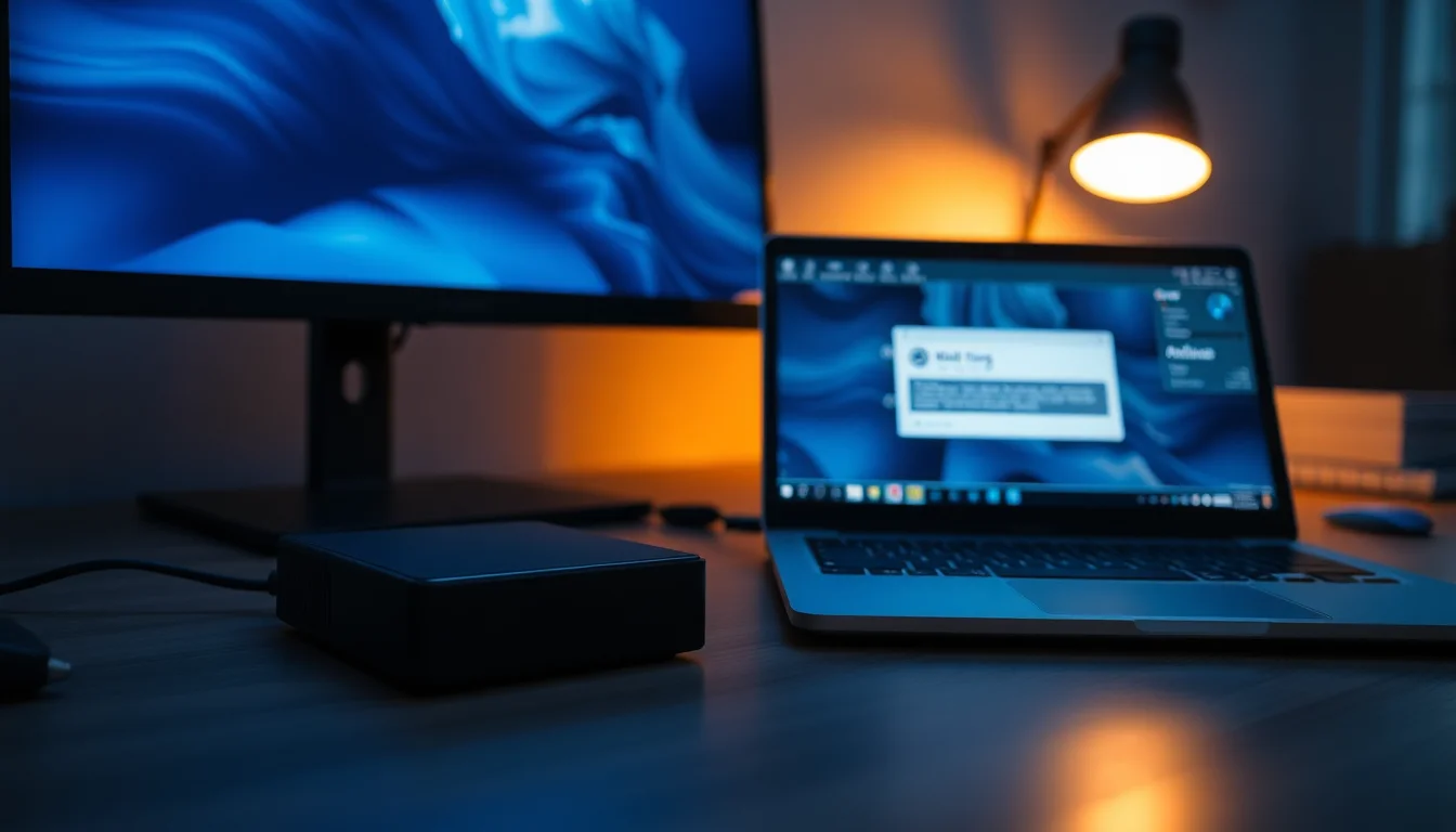 A close-up view of a black external hard drive sitting on a clean desk next to a Windows laptop displaying RAW file system error message, cool blue ambient lighting from monitor, focused professional atmosphere