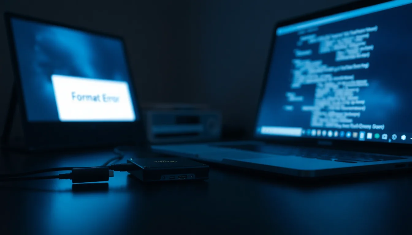 External hard drive connected to a Windows laptop showing a format error dialog on screen in a home office setting
