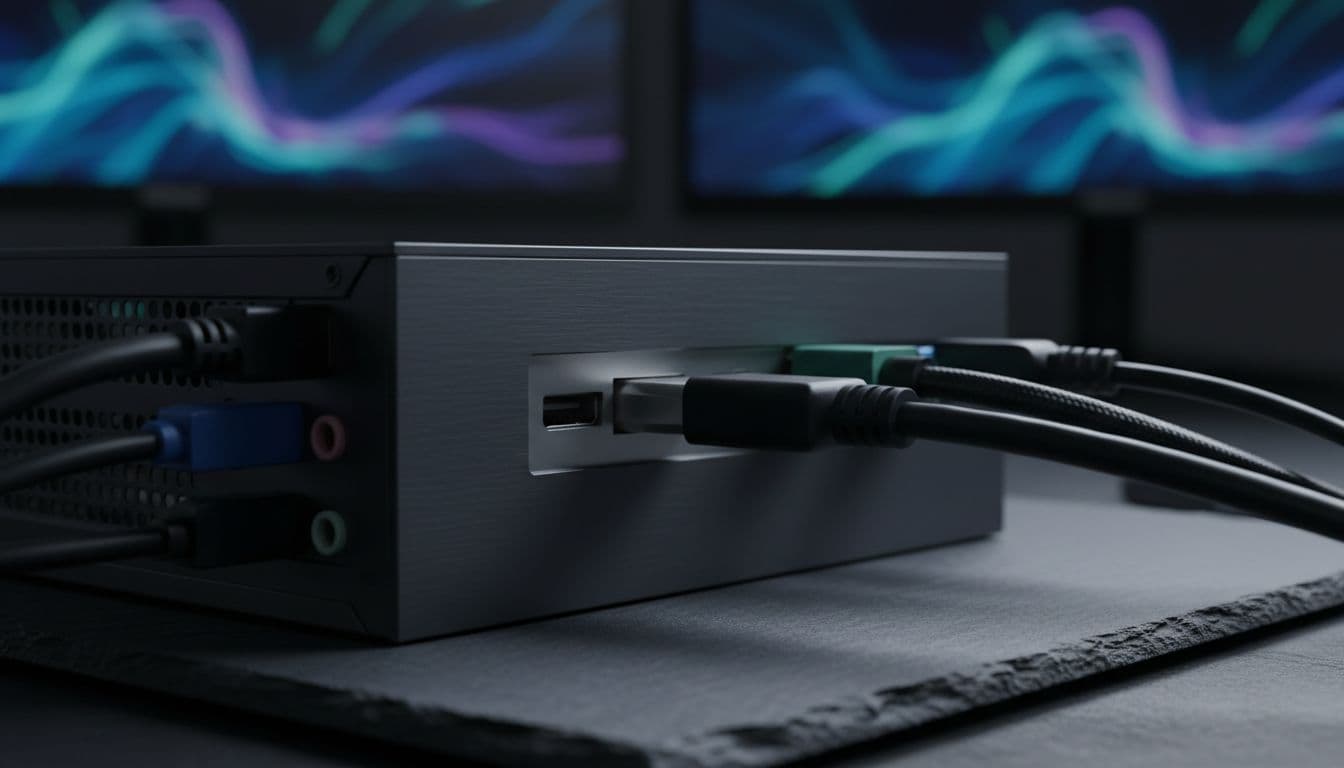 Close-up of an HDMI cable plug showing a visible gap between the connector shell and the rear chassis port opening on a desktop PC
