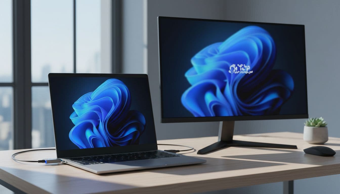 A Windows laptop on a modern desk connected to an external monitor via a USB-C to HDMI adapter showing no signal on screen
