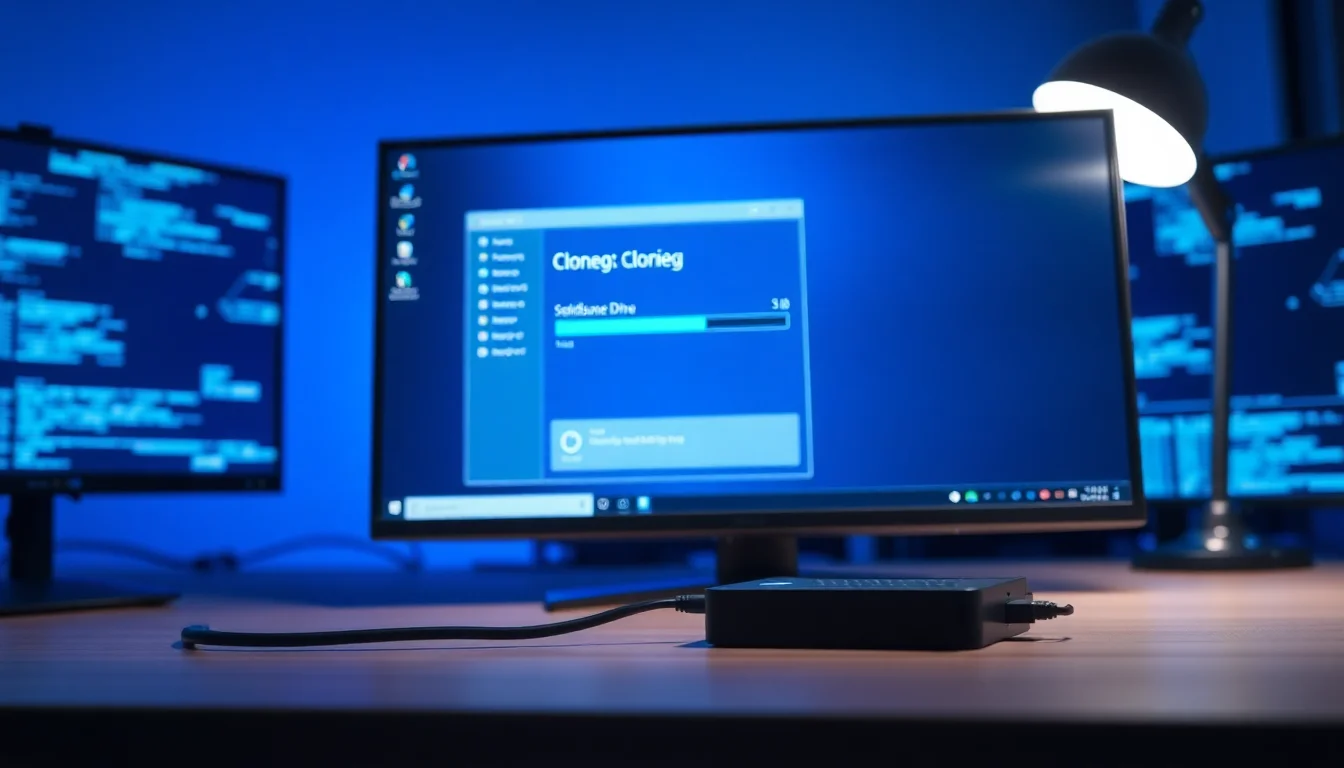 Desktop workstation with external SSD connected via USB cable, Windows 11 disk cloning software displayed on monitor screen, blue ambient desk lighting, focused technical workspace