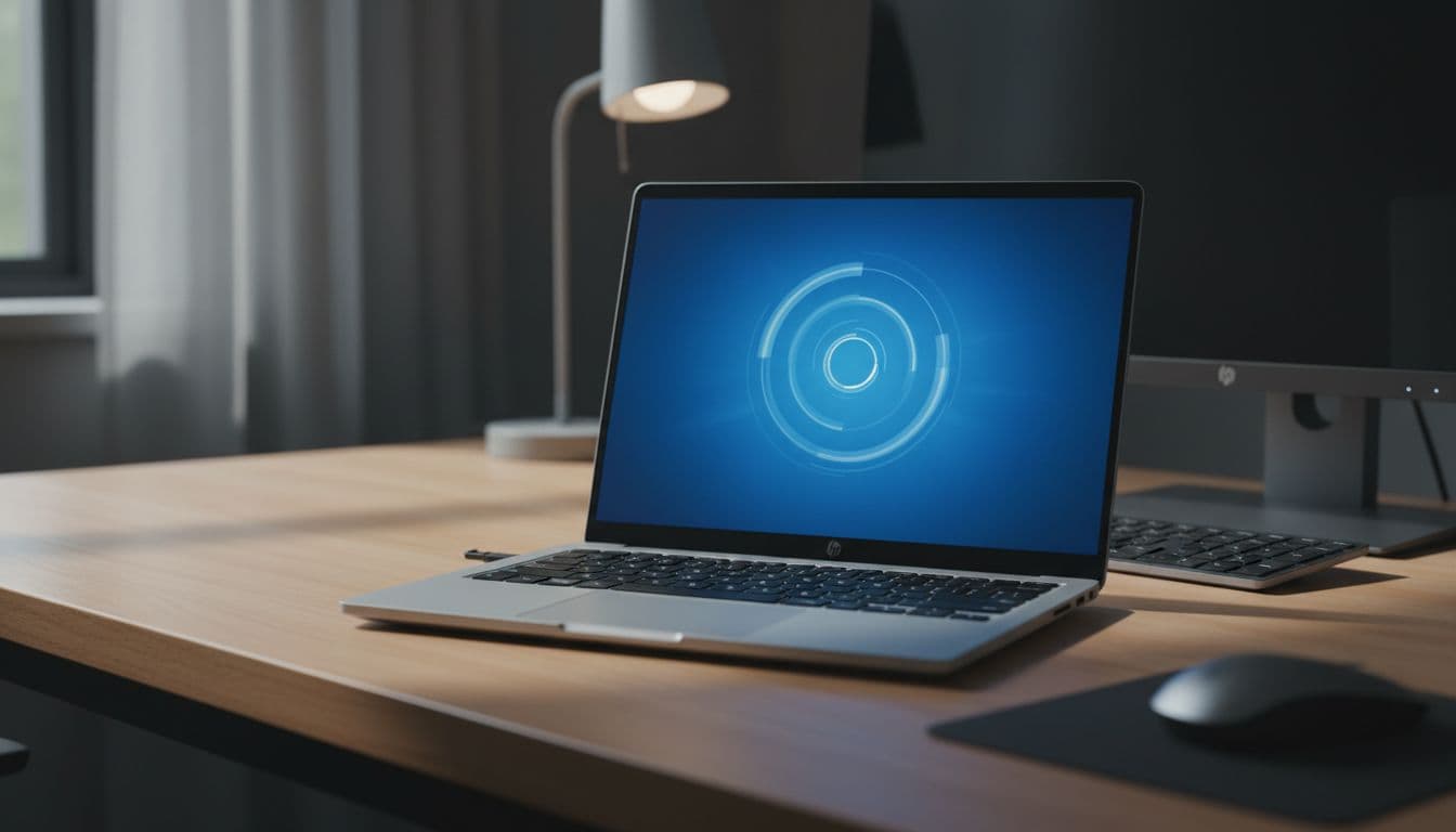 HP laptop on a wooden desk showing a Windows restart screen with blue error overlay in dim office lighting