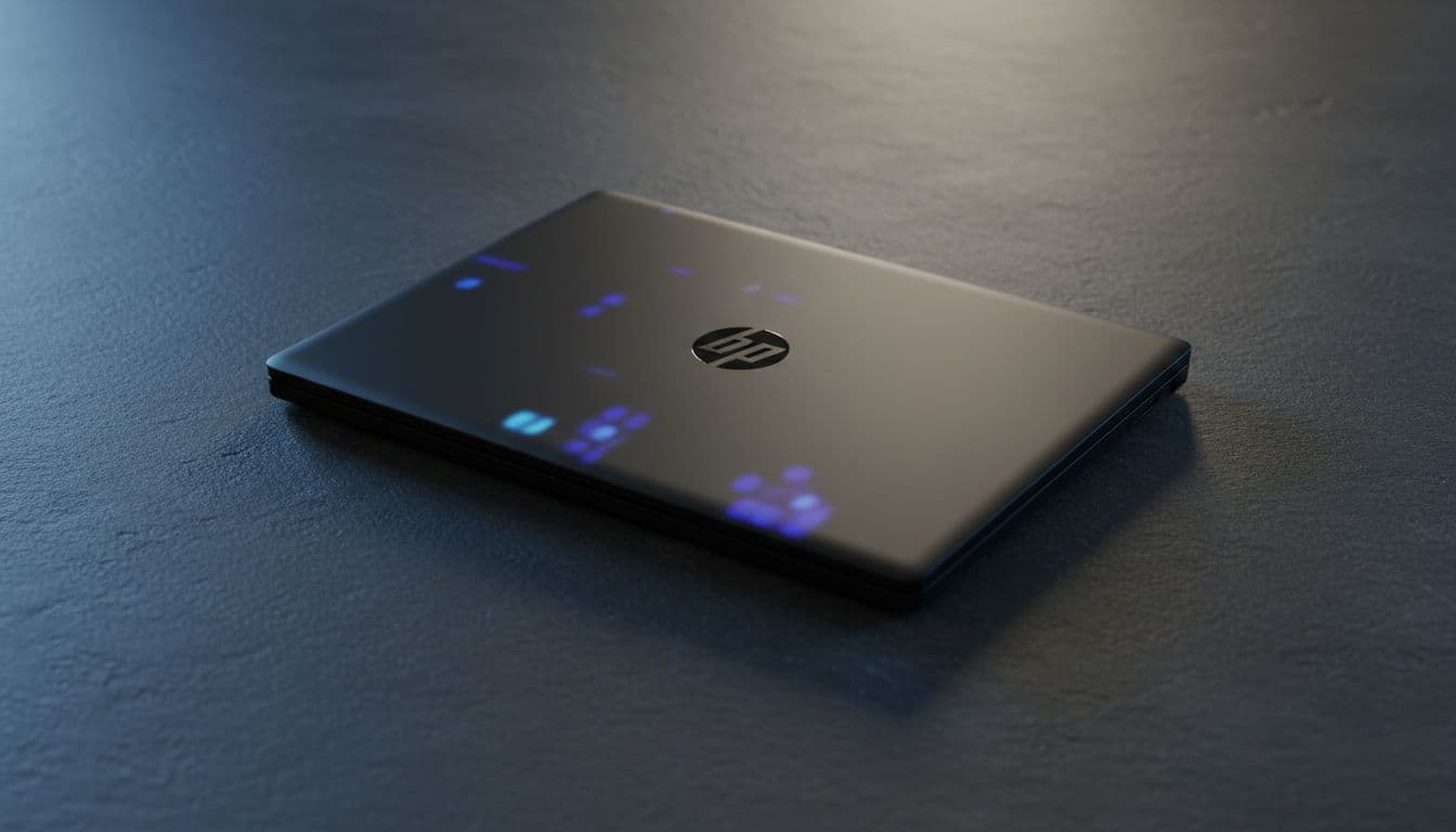 HP laptop sitting on a dark desk showing no power lights or display activity, completely unresponsive