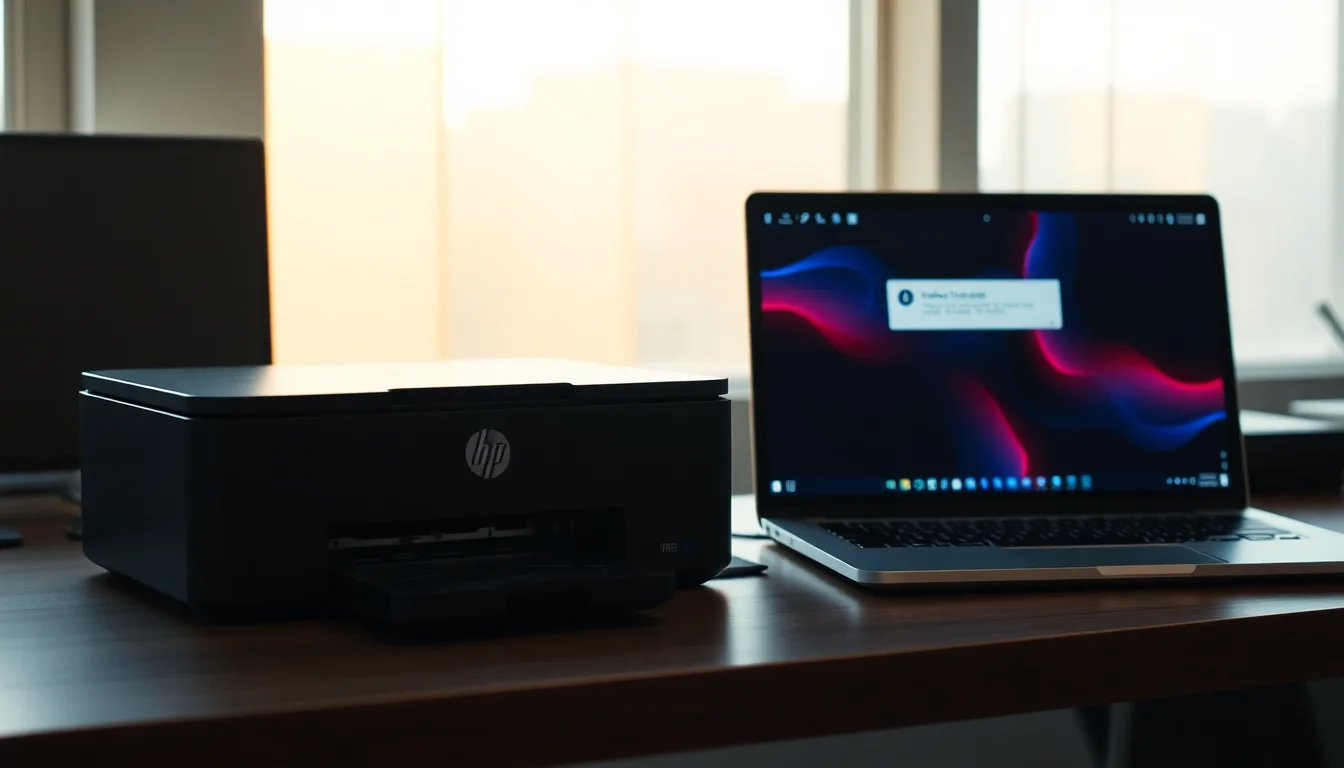 HP printer on a desk displaying driver unavailable error on connected Windows 10 laptop screen with notification panel open