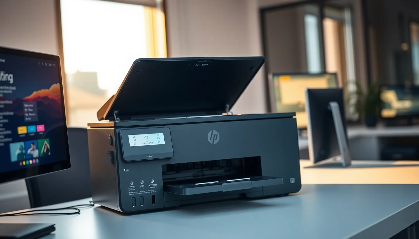 HP inkjet printer with cartridge access door open, showing coloured ink cartridges and printhead assembly inside on modern office desk with warm side lighting