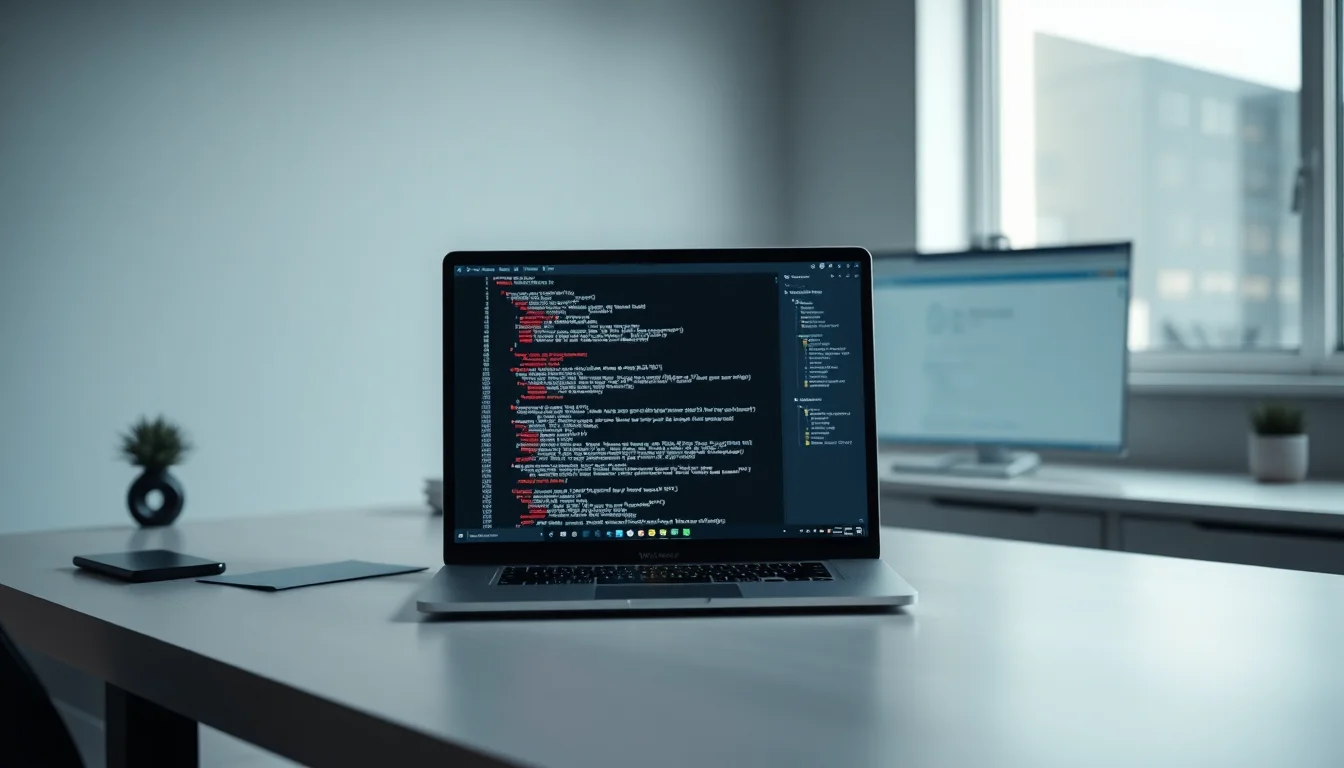 A Windows laptop on a modern desk showing HTML code editor and a PDF accessibility tags panel side by side