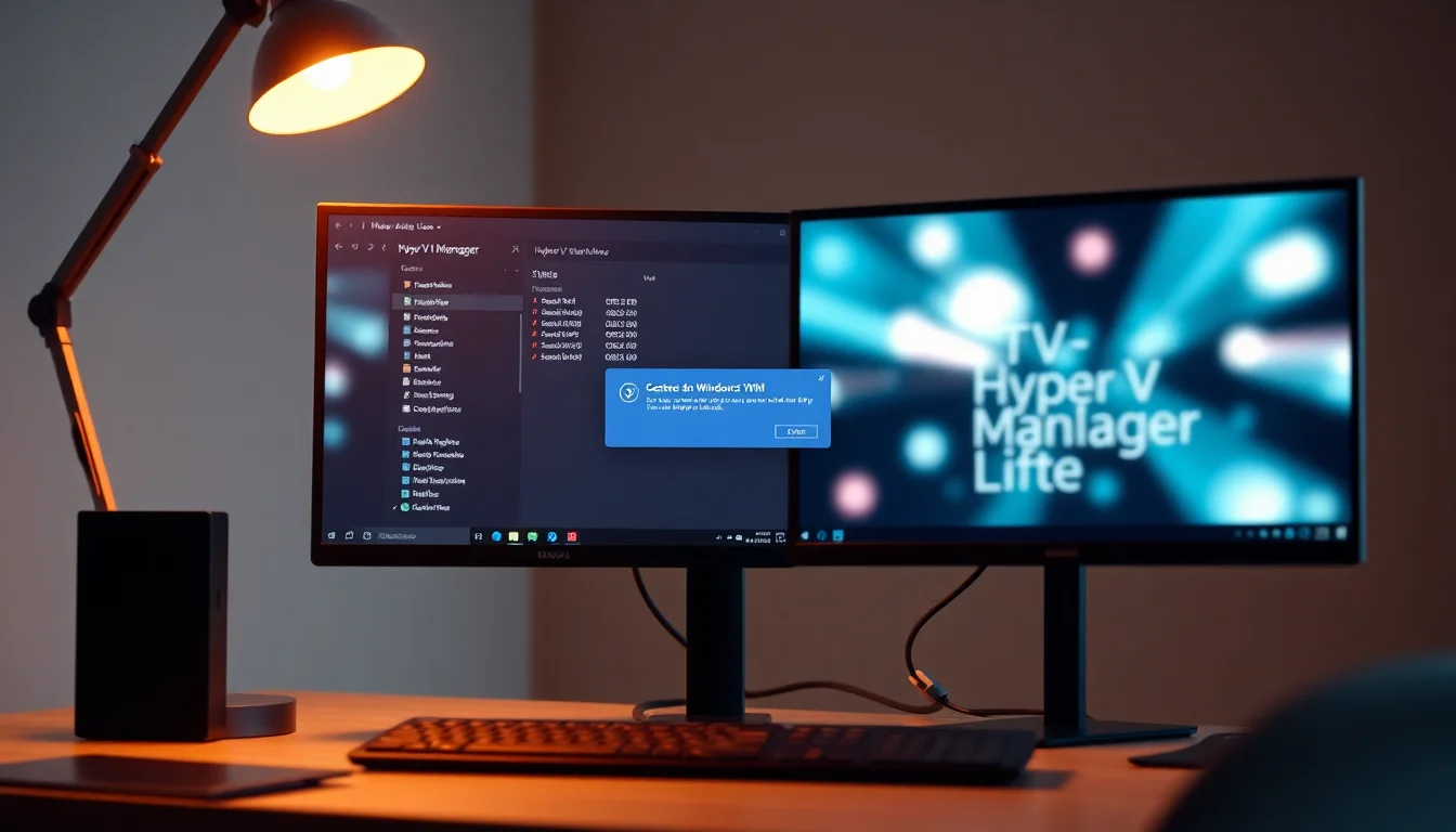 Windows 11 virtual machine boot error displayed in Hyper-V Manager on a modern desktop workstation, harsh red error notification lighting from monitor, dark focused workspace atmosphere