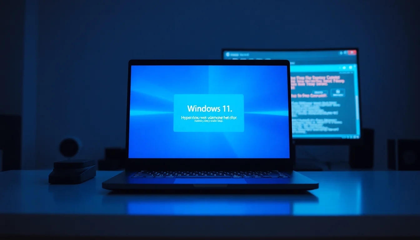 Windows 11 laptop displaying HYPERVISOR_ERROR blue screen on modern desk with system diagnostics tools visible on second monitor