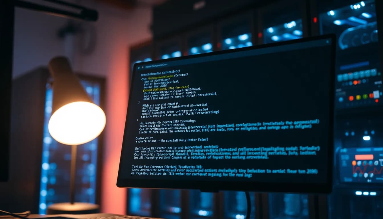 Linux terminal window displaying Icecast configuration file with relay settings highlighted in green text on dark background, server rack with Ethernet cables in soft focused background