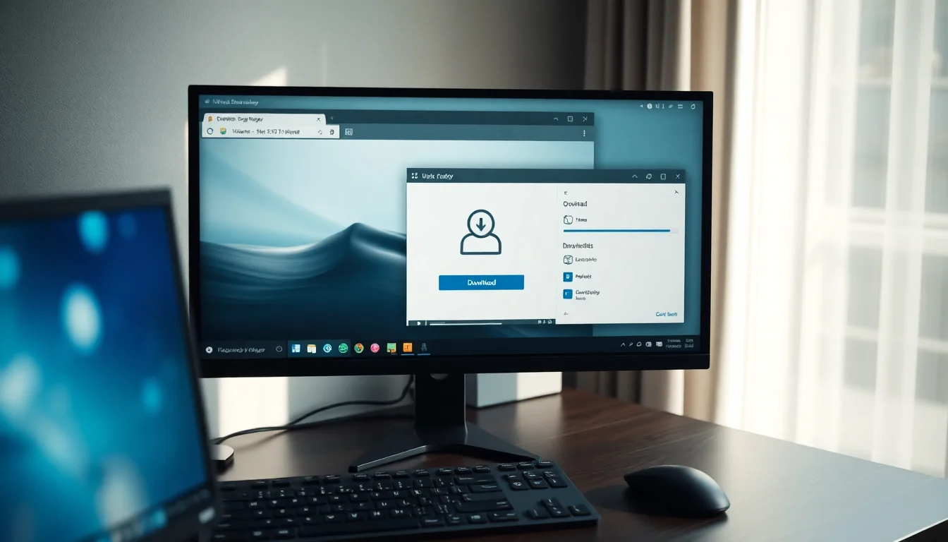 Linux desktop showing Xtreme Download Manager with floating video capture button overlay on a streaming website, clean modern workspace with dual monitors, soft daylight illumination from window, focused productive atmosphere
