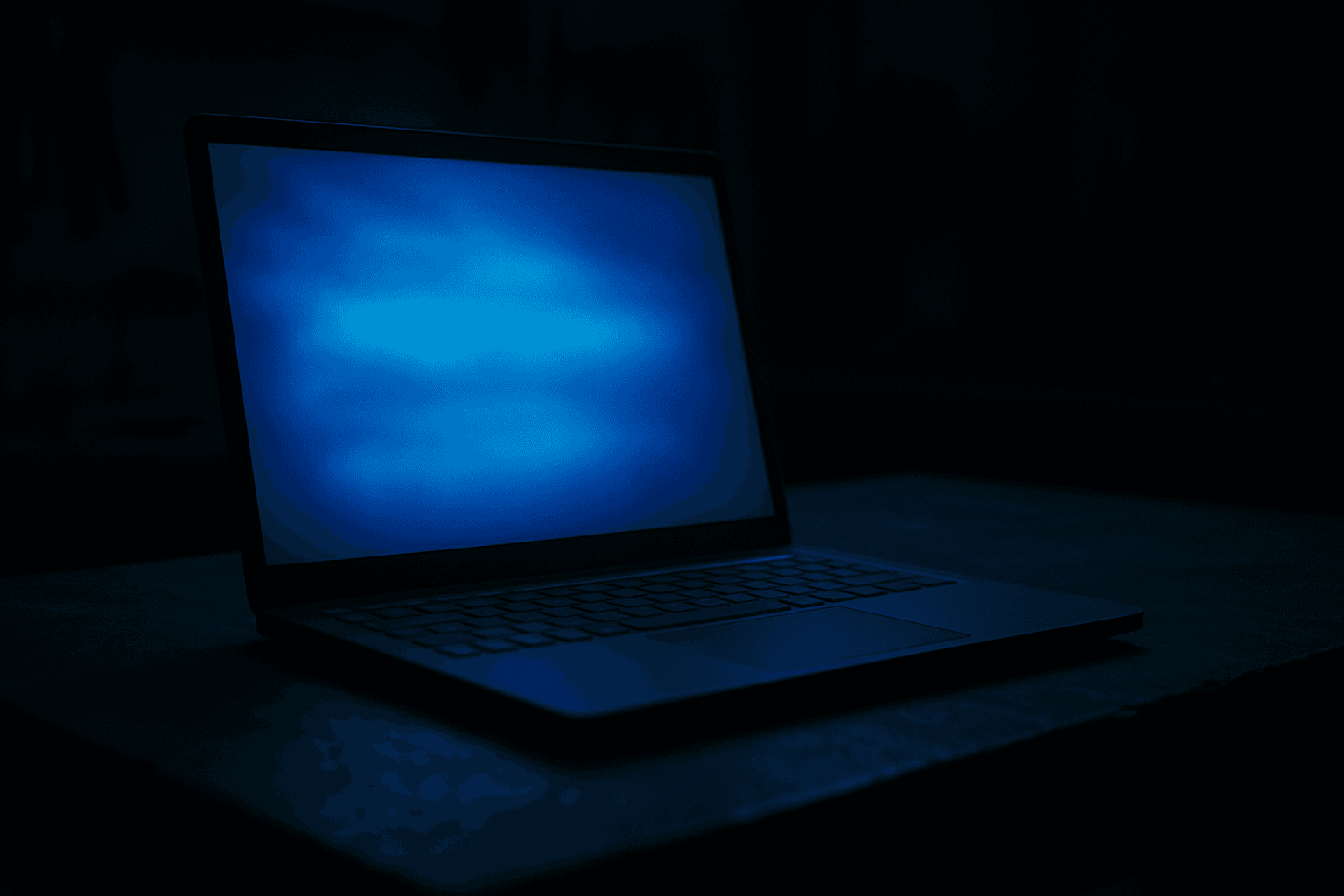 Windows laptop on dark desk showing blue screen INACCESSIBLE_BOOT_DEVICE error after partition removal