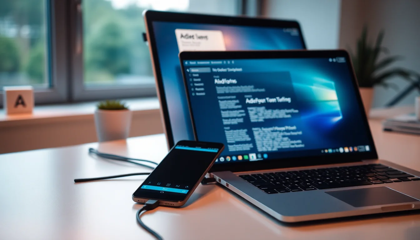 Android smartphone connected via USB cable to a Windows laptop on a modern desk showing partial file transfer progress bar