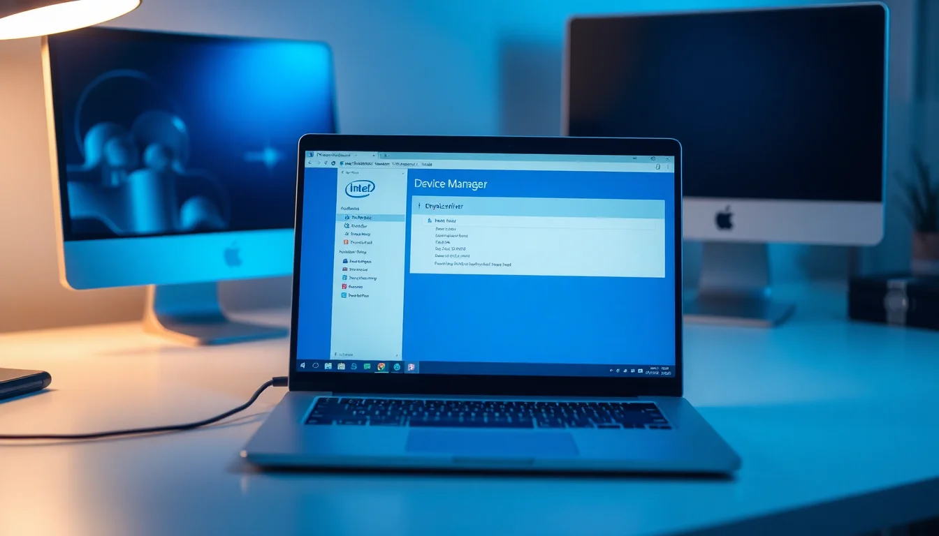 Windows 11 laptop on desk showing Device Manager with Intel graphics driver and Windows Update error notification, cool blue screen light, focused technical atmosphere
