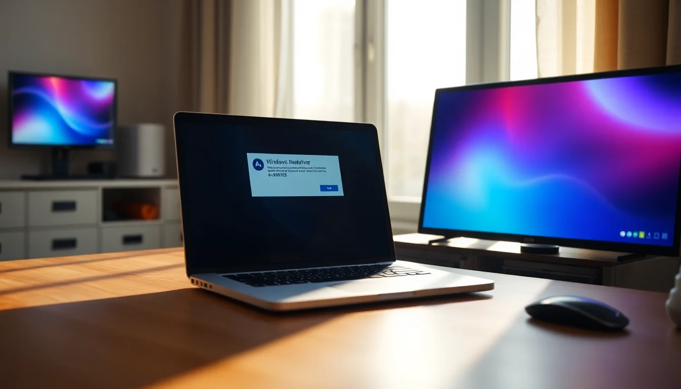 Windows 10 laptop screen displaying Intel HD Graphics driver installation error code 0x80070103 warning dialog on clean modern desk with soft overhead lighting, focused calm atmosphere