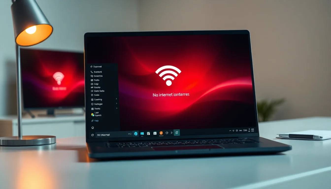Modern laptop on desk showing WiFi connection icon with exclamation mark, warm desk lamp lighting, frustrated workspace atmosphere