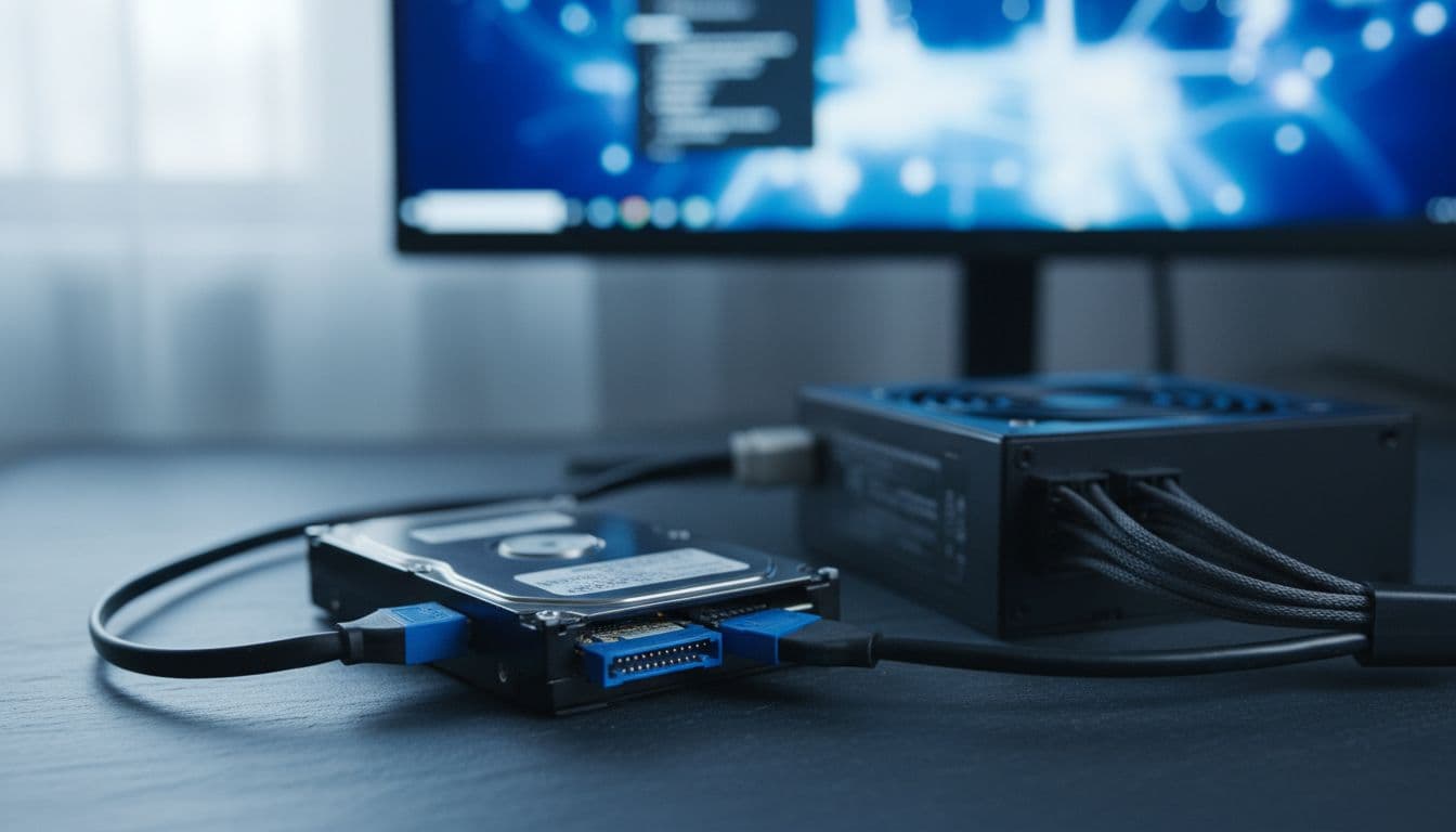 A 3.5 inch hard drive connected to a SATA power cable on a dark workbench with a PSU visible in the background