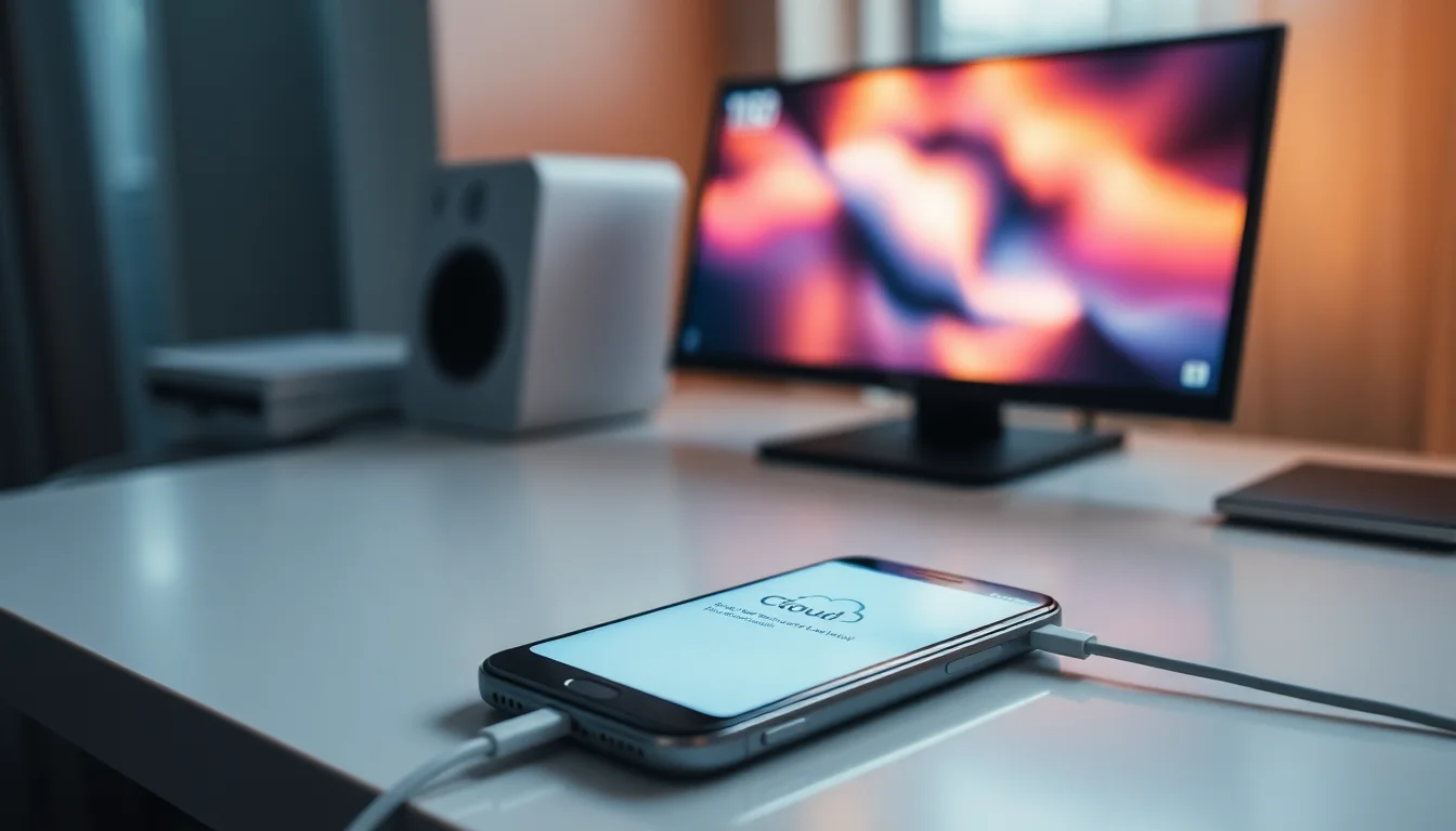 iPhone in setup screen showing iCloud backup restore options with Wi-Fi symbol, warm natural lighting, focused and calm atmosphere