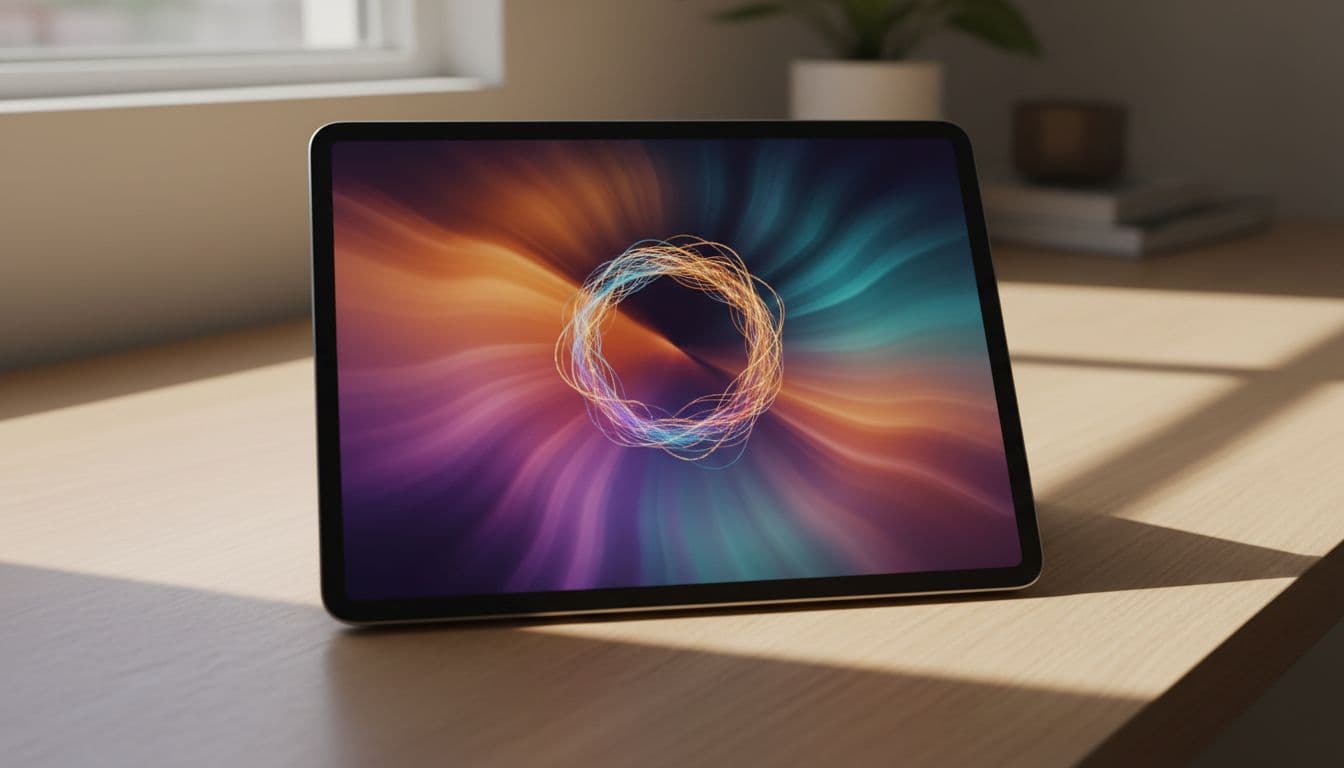 iPad on a wooden desk displaying a frozen app screen with Screen Time usage statistics visible in the background settings panel