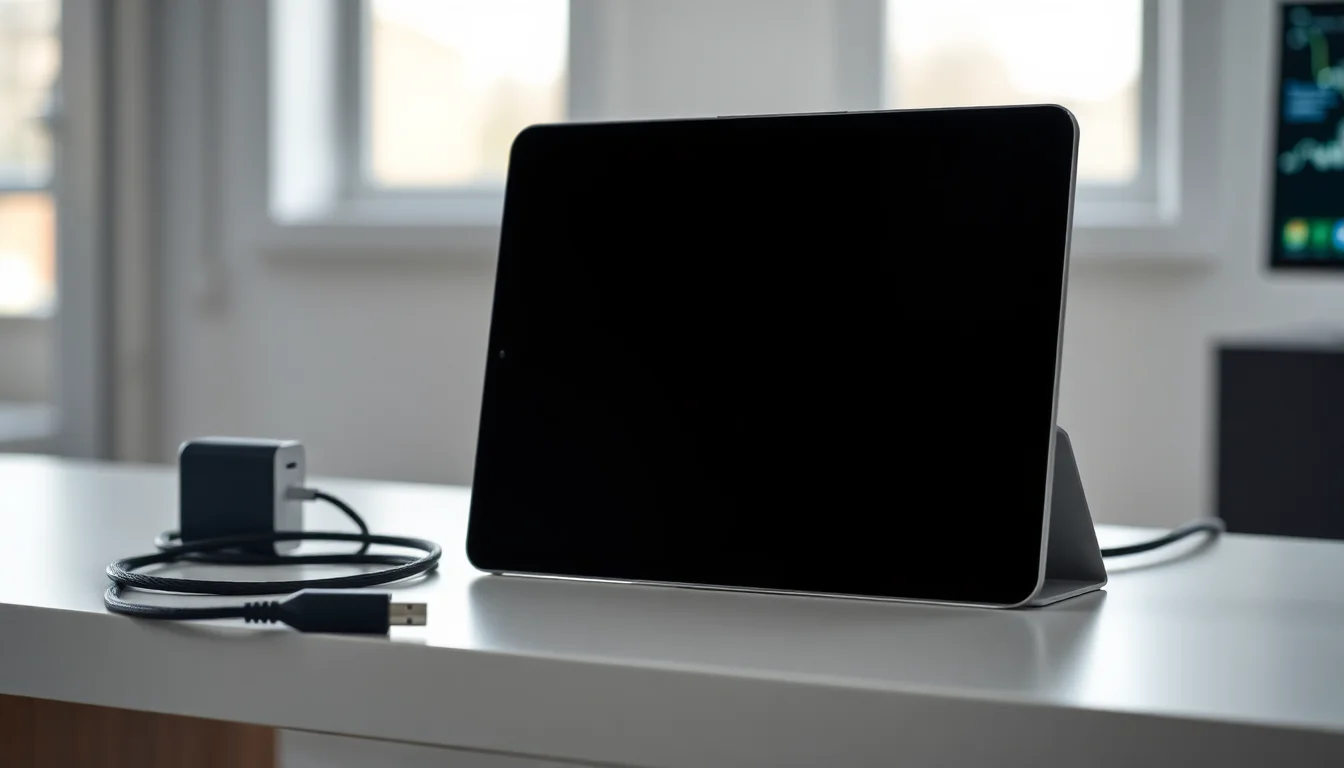 iPad with black screen lying flat on a desk next to a charging cable and power adapter, bright window light from the left, professional tech support setting