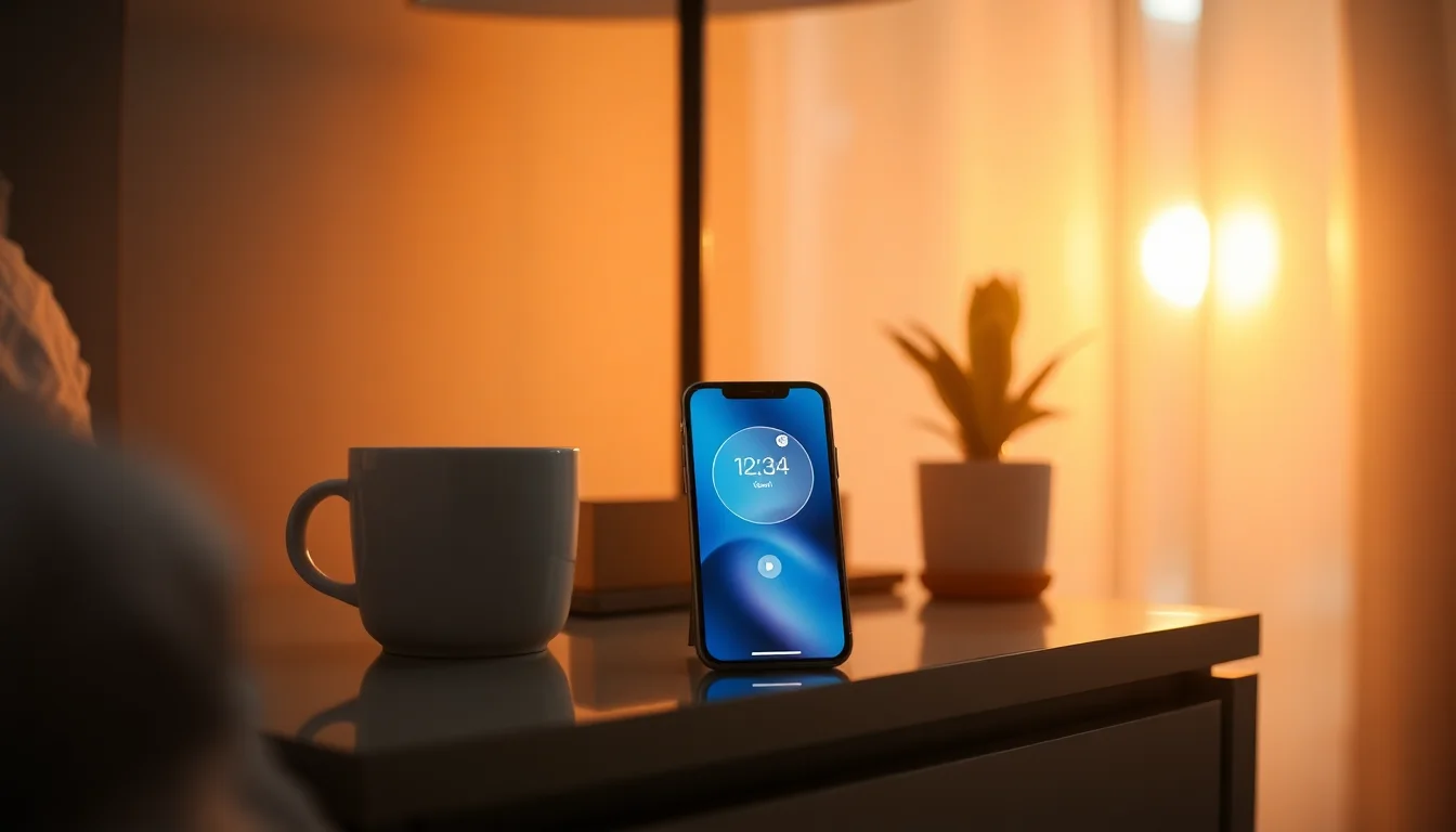 iPhone 15 Pro Max on nightstand showing Clock app with loud alarm sound wave visualization, warm amber bedroom lighting from bedside lamp, peaceful calm atmosphere