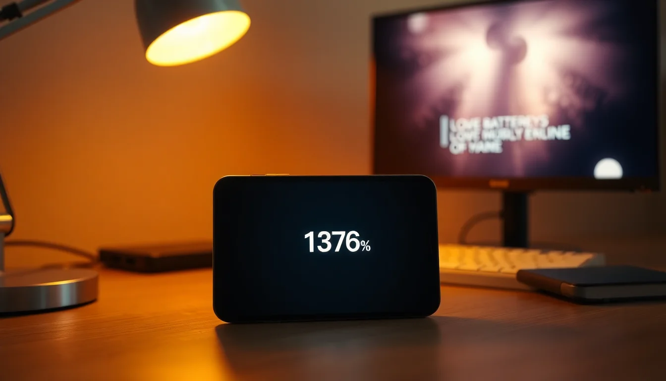 iPhone 15 Pro on wooden desk showing battery percentage at 12%, dimly lit with warm table lamp, focused diagnostic mood