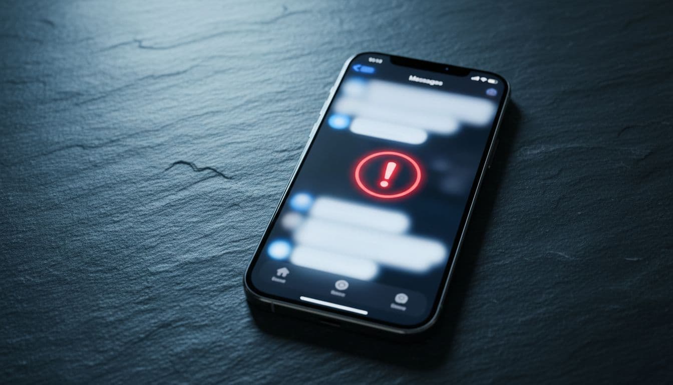 iPhone 14 Pro Max on a dark desk showing a failed message with red exclamation mark in the Messages app