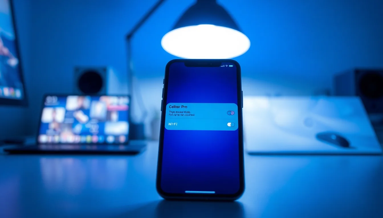 iPhone 16 on clean desk showing signal bars but no data connection, with Settings app open to Cellular screen, blue-tinted lighting from screen, frustrated focused atmosphere