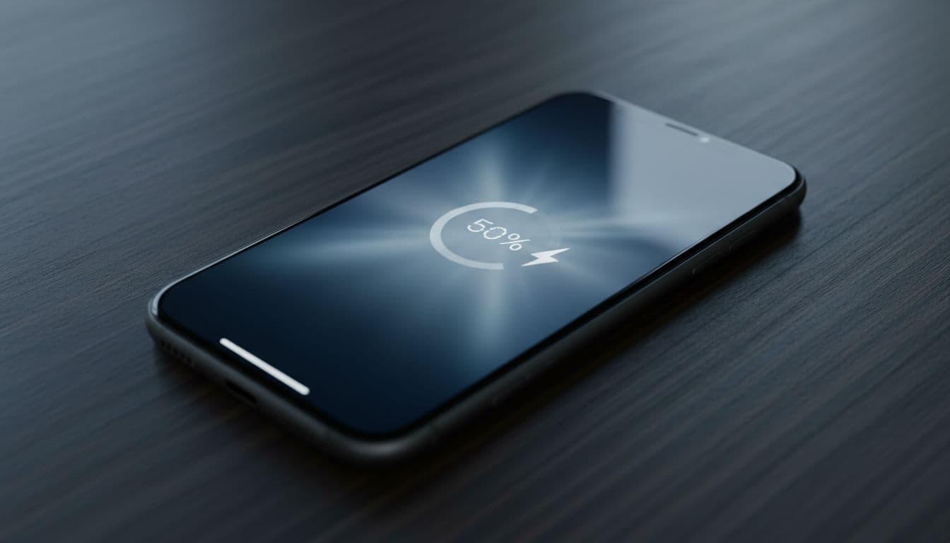 iPhone screen showing 50 percent battery then powering off unexpectedly on a dark wooden desk