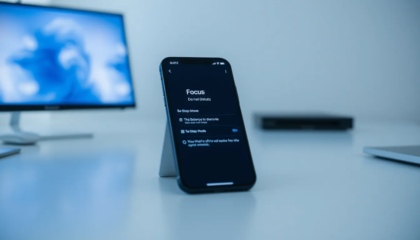 iPhone screen showing Focus mode settings panel open in iOS Settings app on a clean white desk