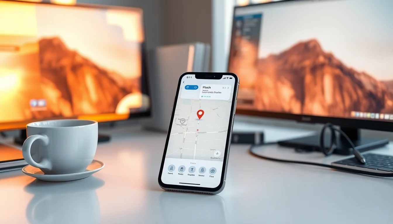 iPhone 15 Pro showing Maps app with GPS signal icon and location pin on white desk beside coffee cup and charging cable, warm afternoon sunlight from window, professional troubleshooting atmosphere