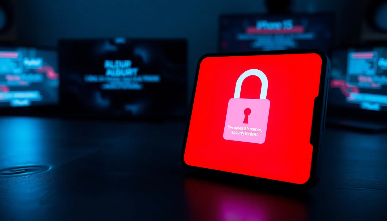 iPhone on a dark desk showing a security warning screen with a padlock icon indicating a potential iPhone hacked security breach