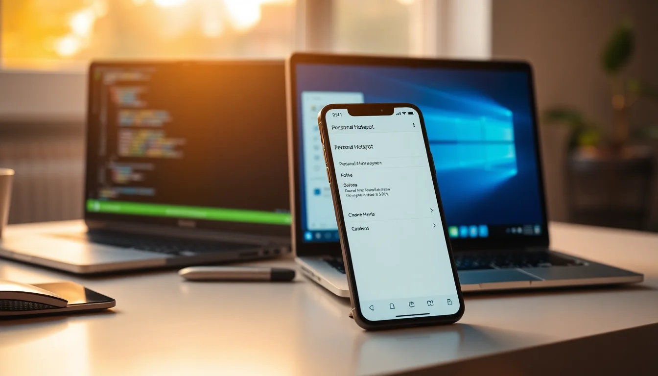 iPhone displaying Personal Hotspot settings screen next to a Windows laptop on a home desk, warm natural window lighting from the left, professional and focused atmosphere