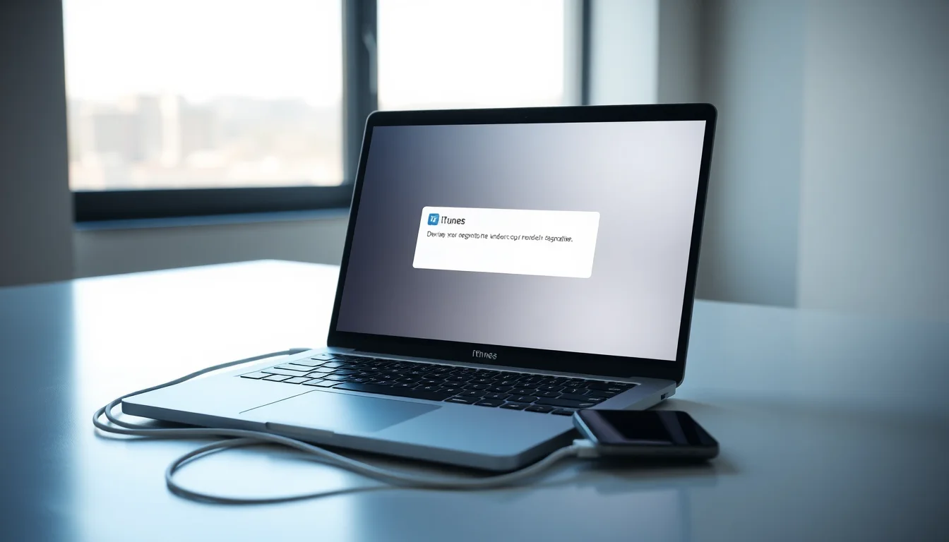 Windows 11 laptop with iPhone connected via USB cable showing iTunes window with device not recognised error message on desk