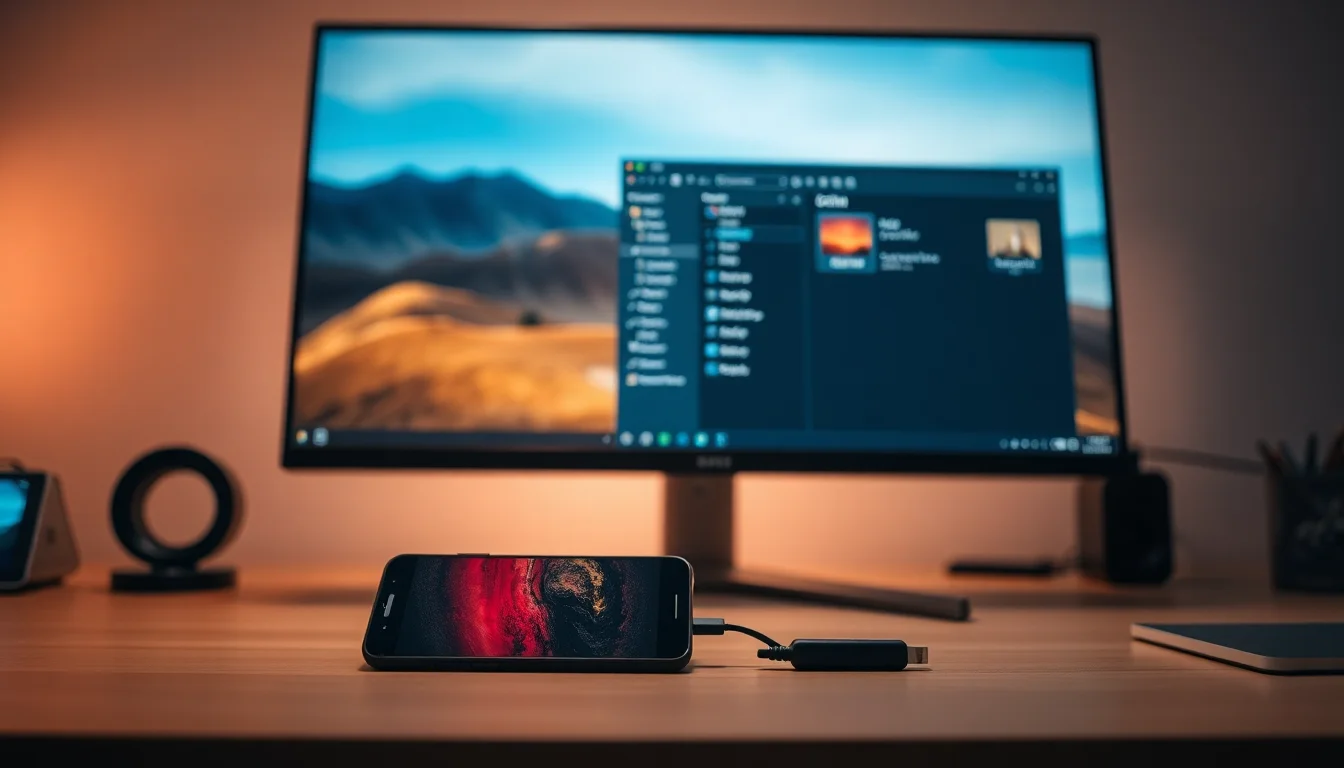 iPhone connected to Windows 10 PC via USB cable on desk, File Explorer showing empty DCIM folder, soft desk lighting with focused warm glow on devices