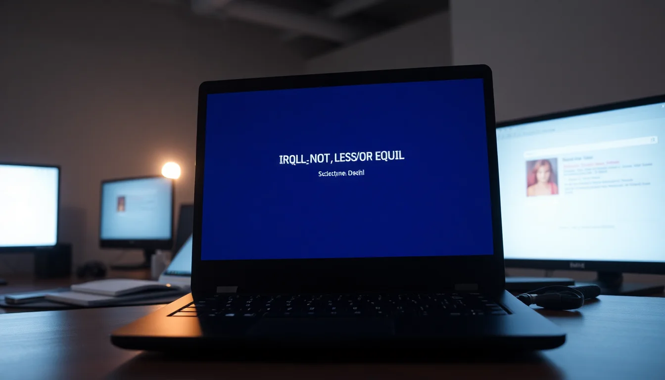 Windows laptop screen displaying IRQL_NOT_LESS_OR_EQUAL blue screen crash with white error text on dark background, desktop workspace with keyboard visible, bright monitor glow lighting, urgent dramatic atmosphere