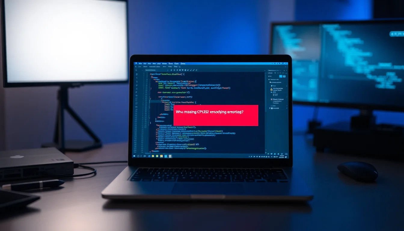 Windows laptop displaying code editor with CP1252 encoding error message in red, sitting on clean desk with dim blue accent lighting, serious technical atmosphere