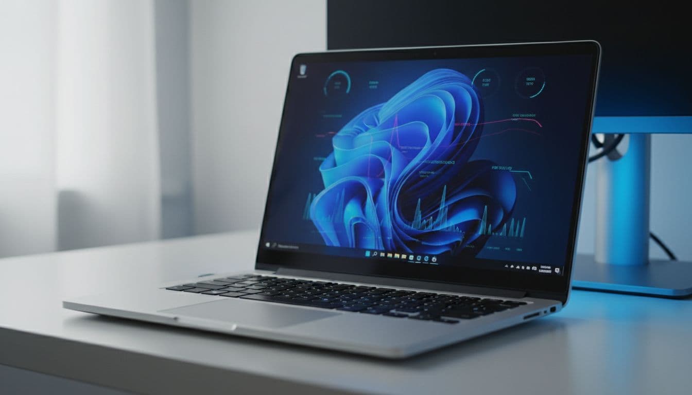 Windows laptop on a dark desk showing CPU temperature graphs and hardware monitoring software with colourful real-time sensor readouts
