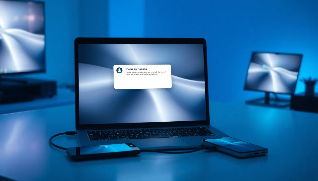 Windows 11 laptop on a desk showing iTunes connected to an iPhone with a sync error message on screen