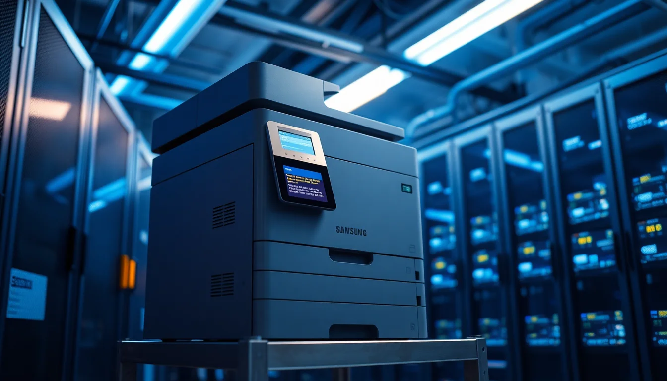 Samsung MultiXpress K4350LX large format office printer on a grey server room shelf showing a Smart UX touchscreen error message