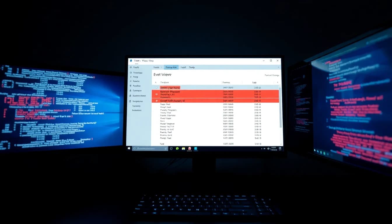 Windows Event Viewer showing Kernel Power Event ID 41 error on a desktop monitor, with a technician's workspace in background, cool blue task bar lighting, focused diagnostic atmosphere