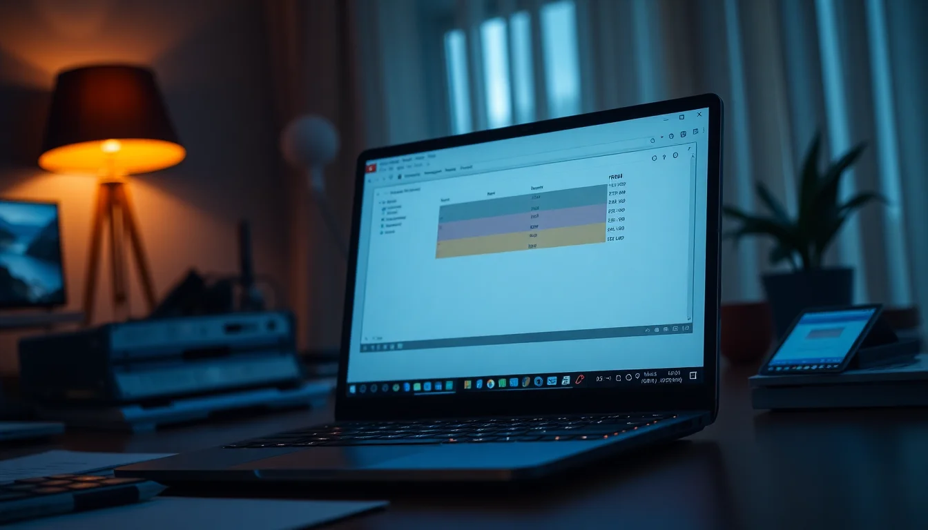 Windows 11 laptop showing KillerPDF with large PDF open and Task Manager displaying high RAM usage, warm desk lamp lighting, focused technical atmosphere