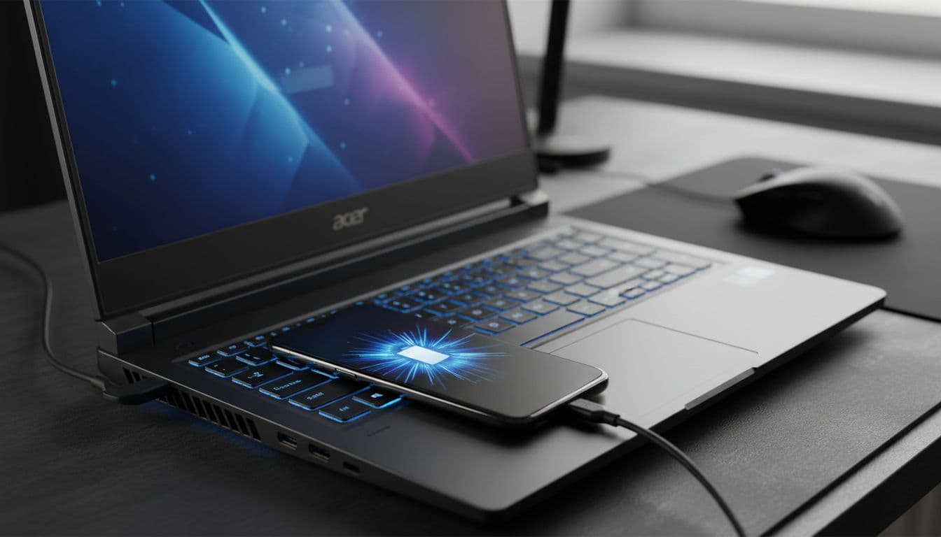 Acer Predator gaming laptop on a dark desk with a smartphone connected via USB-C cable showing charging indicator, blue ambient lighting