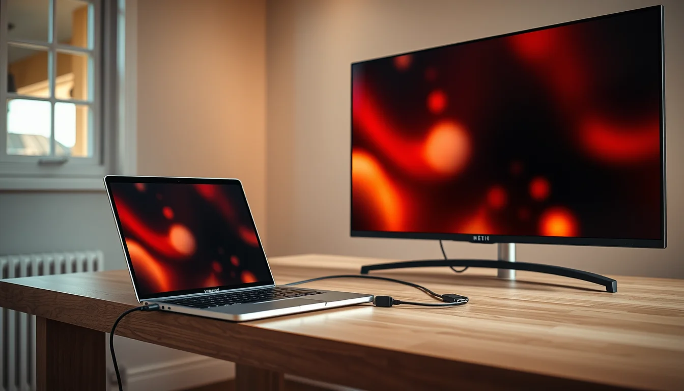 A laptop connected to a large flat screen TV via HDMI cable on a modern desk showing a duplicate display