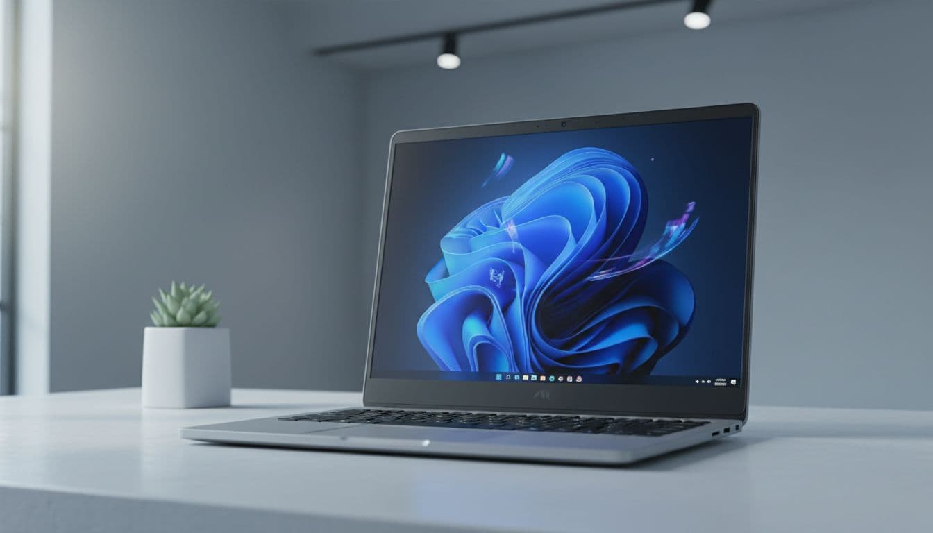 Windows laptop on a desk showing muted speaker icon in the system tray with no audio output