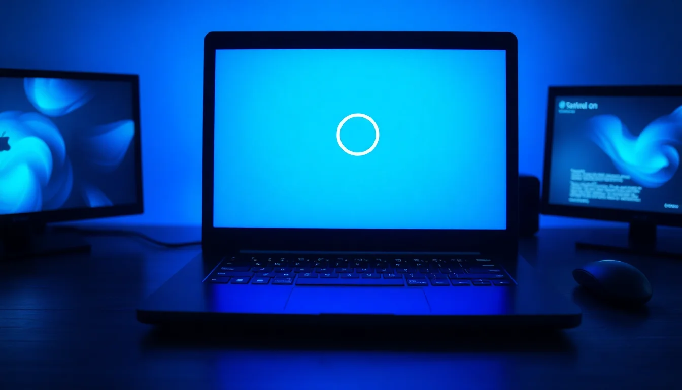 A Windows laptop on a dark desk showing a stuck restarting screen with a spinning loading circle and dim blue glow