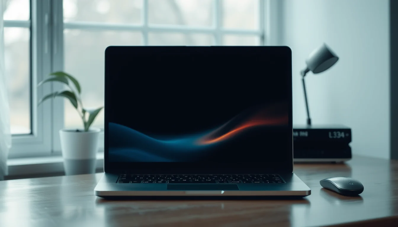 A black Windows laptop sitting on a wooden desk with a completely dark screen and no power indicator lights visible