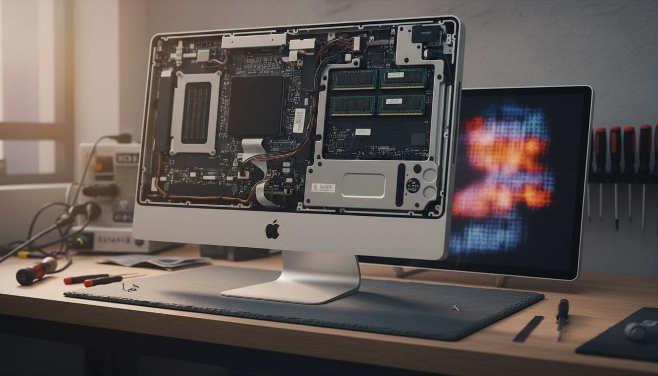 Late 2013 27-inch iMac opened on a clean repair workbench showing internal RAM slots and storage drive with soft directional workshop lighting
